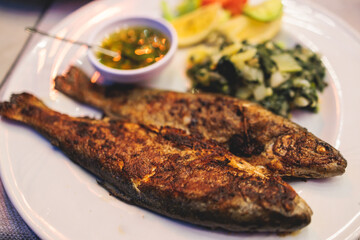 Fried grilled trout, roasted pastrmka fish on a plate with spinach and mashed potato garnish served in a traditional seafood restaurant in Montenegro, prepared cooked pastrmke, balkan dish