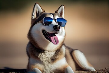 Portrait of Siberian husky wears sunglasses