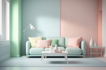 picture of the living room interior in bright pastel colors in a clean, bright atmosphere without people AI-generated.