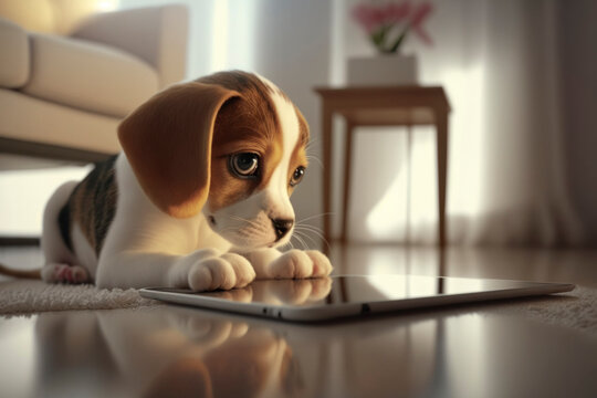 Cute kitten beagle dog playing tablet on floor of domestic room,closeup, depth of filed, Pet and technology concept,  Generative AI