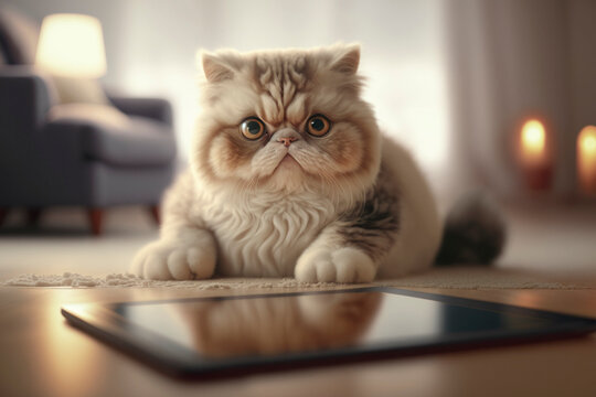 Cute kitten cat playing tablet on floor of domestic room with natural lighting,closeup, depth of filed,Pet and technology concept,Generative AI