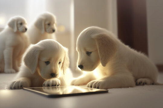 Cute kitten labrador dogs family playing tablet on floor of domestic room with natural lighting,closeup, depth of filed,Pet and technology concept,Generative AI