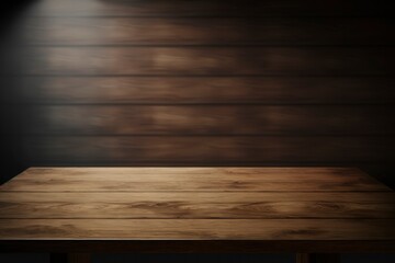 Empty Bronw wooden table top against brow blurred room interior background, for product, montage. Generative AI