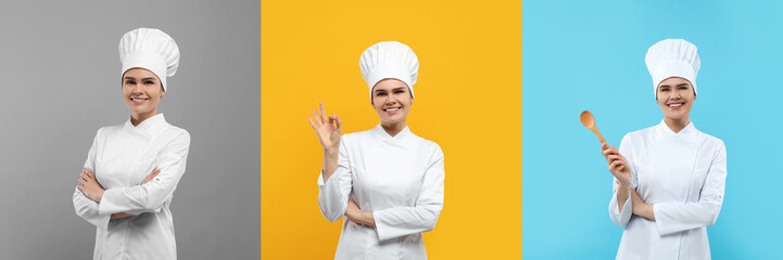 Chef in uniform on different color backgrounds, collage design