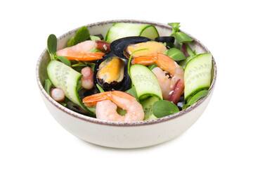 Bowl of delicious salad with seafood isolated on white