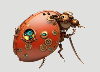 cyberpunk mechanical robot ladybird with steampunk style clockwork brass gears isolated on a plain background. generative ai illustration.