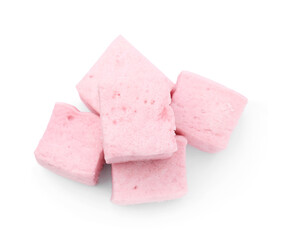 Pile of delicious sweet marshmallows on white background, top view