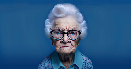 90 year old Caucasian female with angry facial expression head and shoulders created with Generative AI technology - obrazy, fototapety, plakaty