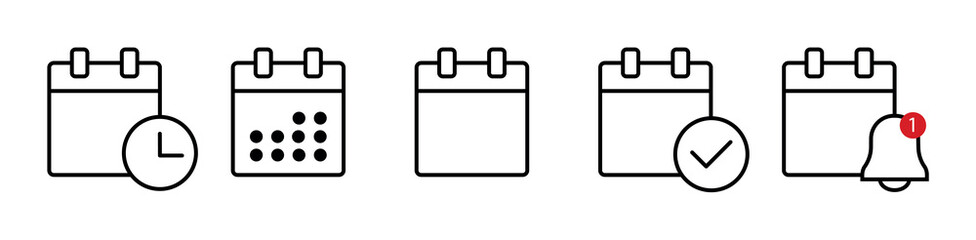 Calendar icon. Time management. Calendar planner icon collection. Reminder organizer event signs. Notification icon. Stock vector. Set of calendar symbols. Isolated transparent