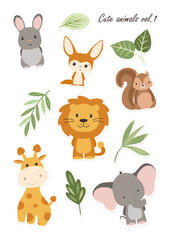 Animals illustration set. Collection of cute little animals. Cartoon animal icons isolated on white. Print for cards, apparel and decoration. Sticker pack design 
