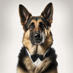 A portrait of a German Shepherd wearing a tuxedo, looking sharp, generative Ai, AI
