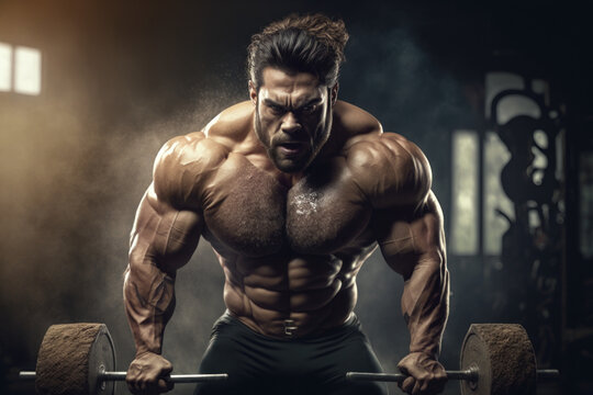 A muscular AI generated human exercising in the gym, dramatic lighting, bodybuilding, generative AI, Ai
