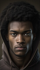 A portrait of a black male mode, with afro-style haircut, wearing a grey hooded sweater, generative AI
