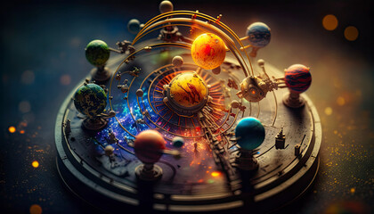 Mechanical model of the solar system with cinematic coloring and tilt-shift perspective, created with Generative AI technology - obrazy, fototapety, plakaty