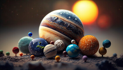 model of the solar system with cinematic coloring and tilt-shift perspective, created with Generative AI technology - obrazy, fototapety, plakaty