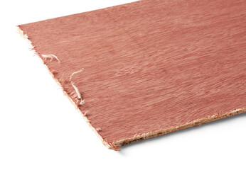 tear out and splinters on plywood, rough, jagged edges resulted from cutting across the grain with a wrong blade, isolated, unprofessional construction concept