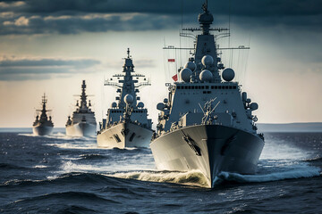 A line of modern  military naval battleships warships in the row, northern fleet and baltic sea fleet in the open sea