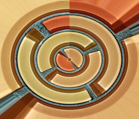 Round, circular graphic resource in brown, orange and cream hues, created from an original photo by the artist by using digital image manipulation techniques.