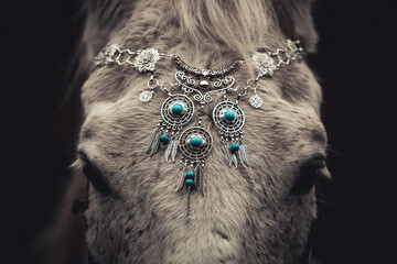 Elegant portrait of a white arabian horse gelding wearing  bridled with a bosal and wearing a filigrane jewelry headband