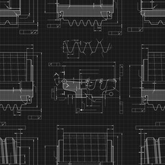 Mechanical engineering drawings on black background. Cutting tools, milling cutter. Technical Design. Cover. Blueprint. Seamless pattern. Vector illustration.