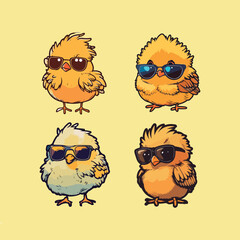 set tiny chicks wearing sunglasses in isolated background