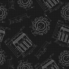 Mechanical engineering drawings on black background. Cutting tools, milling cutter. Technical Design. Cover. Blueprint. Seamless pattern. Vector illustration.