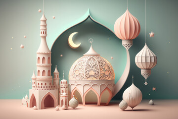 background wallpaper ramdhan islamic 3D with elements, colorfull, for banner, background