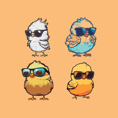 set tiny chicks wearing sunglasses in isolated background