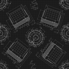 Mechanical engineering drawings on black background. Cutting tools, milling cutter. Technical Design. Cover. Blueprint. Seamless pattern. Vector illustration.