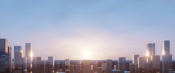 3D Rendering of morning sun rise in mega city. Light reflection from building windows. Large copy space area. For business district center (CBD), tech product, future,  achievement, success background