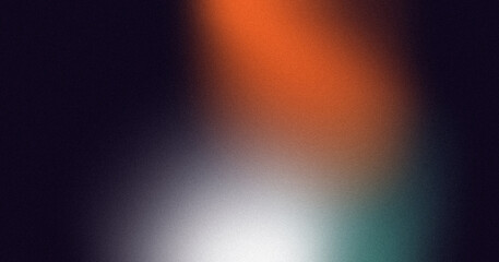 Orange white green illuminated spots on black, grainy gradient background, color noise texture effect, copy space