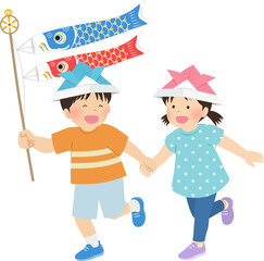 鯉のぼりを持って走る子供たち_こどもの日イメージ素材_ベクターイラスト