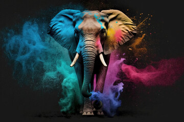 Elephant Happy Holi colorful background. Festival of colors, colorful rainbow holi paint color powder explosion isolated black, white orTaj Mahal wide panorama background.