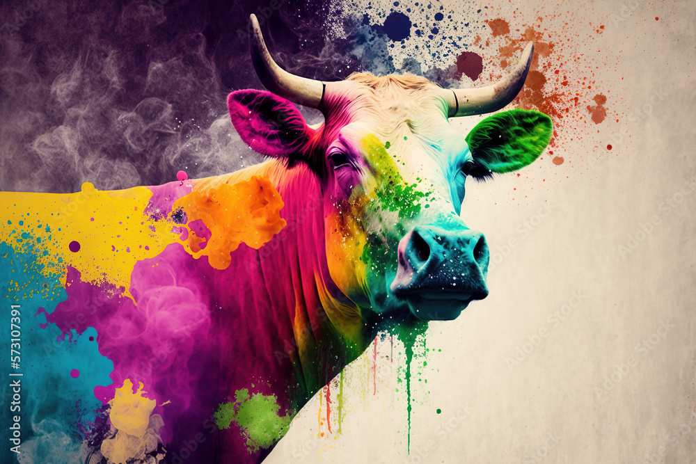 Wall mural Cow Happy Holi colorful background. Festival of colors, colorful rainbow holi paint color powder explosion isolated white and Taj Mahal wide panorama background.