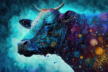 Obraz na płótnie Canvas Cow Happy Holi colorful background. Festival of colors, colorful rainbow holi paint color powder explosion isolated white and Taj Mahal wide panorama background.