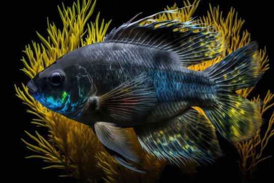 Illustration of black palmas senegalus fish for wallpaper, theme, background, backdrop, wall art, inspiration, education