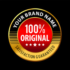 Original Round Label Design 100 Percent Satisfaction Guaranteed, in a luxurious, unique, elegant gold concept