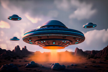 Fototapeta na wymiar ovi 3d in the sky realistic image flying saucers 