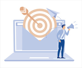 Email marketing, communication and advertise concept, businessman with megaphone and targeting email on computer laptop. Flat vector modern illustration 