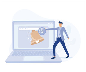 Subscription business model,  membership payment to use software on content concept, customer hand put coin on subscription bell on laptop. Flat vector modern illustration 