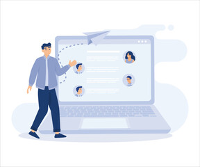 Mailing list to send email campaign, businessman with mailing list computer laptop sending email. Flat vector modern illustration 