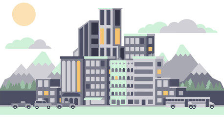 Modern city landscape buildings and architecture real estate silhouette vector background illustration