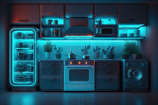 Cyber Sci Fi Futuristic Neon Laser Electric kitchen . AI generated art illustration.