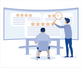Reputation management team monitor online feedback rating to improve brand positive rank and gain customer trust concept,  Flat vector modern illustration 