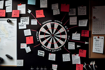 A mahgnetic board next to a dart board and post it's with challenges and goals for a project