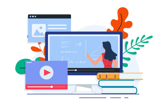 Female teacher teaching on computer screen flat vector illustration, Online education, e-learning, online course, online webinar, video tutorial