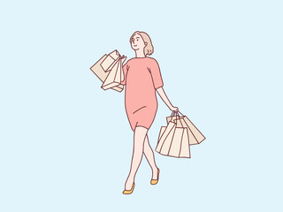 Young woman walking with full carrying shopping bags on her hand simple korean style illustration