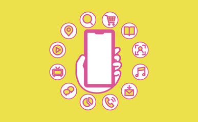 スマホでできることをアイコンでイメージ化した線画イラスト