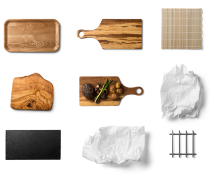 Set of Serving Board, Tray, Pad, top view isolated on transparent background, Kitchen plates, mockup ,product advertising food, tableware design elements