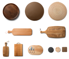 Set of Serving Board, Tray, Pad, top view isolated on transparent background, Kitchen plates, mockup ,product advertising food, tableware design elements